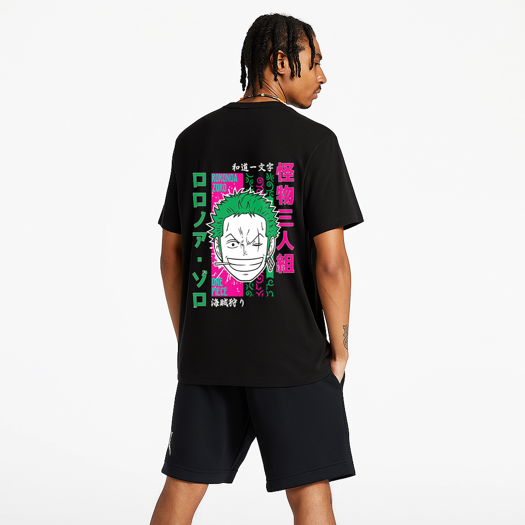 Urban Drip® Premium One Piece Zoro Oversized Drop Shoulder T-Shirt for Men – Anime Graphic Tee, Black